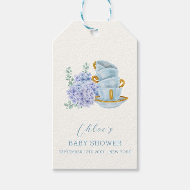 Vintage Hydrangea Tea Brewing Baby Dusche Geschenkanhänger (Vorderseite)