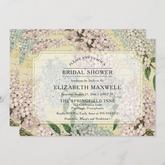 Vintage Hydrangeas | Französisches Ephemera-Brautp Einladung (Vorne/Hinten)