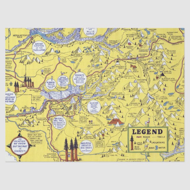 Vintage Hysterische Landkarte Yosemite Travel Seidenpapier (Vorderseite)