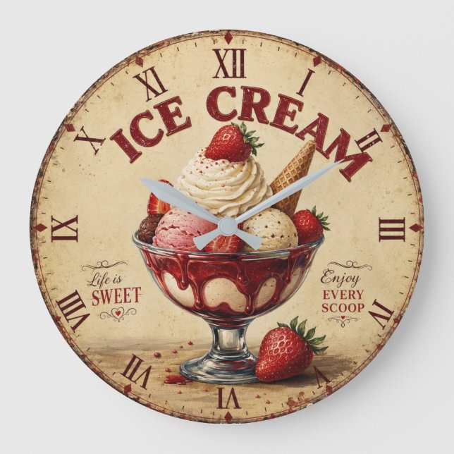 Vintage Ice Cream Große Wanduhr (Vorderseite)