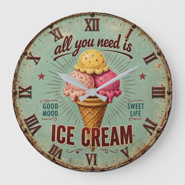 Vintage Ice Cream Retro Kitchen  Große Wanduhr (Vorderseite)