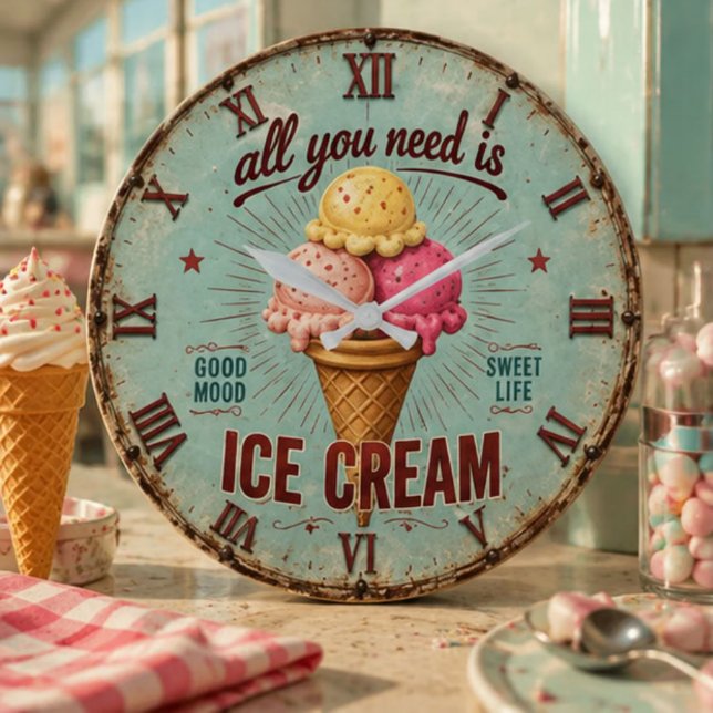 Vintage Ice Cream Retro Kitchen  Große Wanduhr (Von Creator hochgeladen)