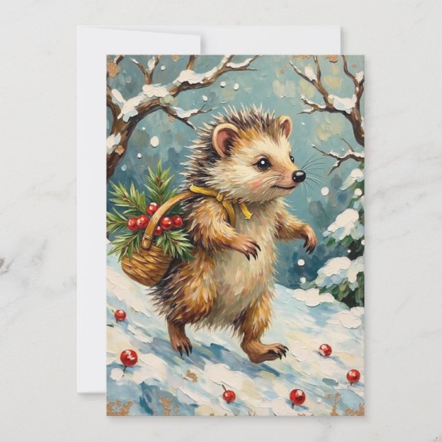 Vintage Igel mit Weihnachtsbeerkorb Feiertagskarte (Vorderseite)