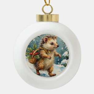 Vintage-Igel mit Weihnachtsbeerkorb Keramik Kugel-Ornament