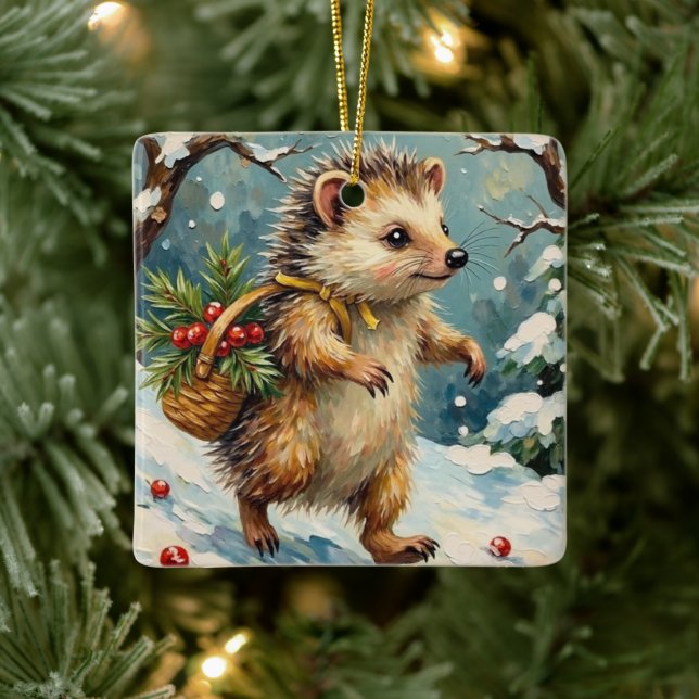 Vintage-Igel mit Weihnachtsbeerkorb Keramikornament (Baum)