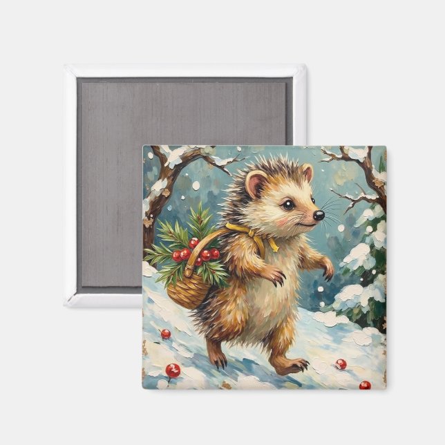 Vintage Igel mit Weihnachtsbeerkorb Magnet (Vorderseite/Rückseite)