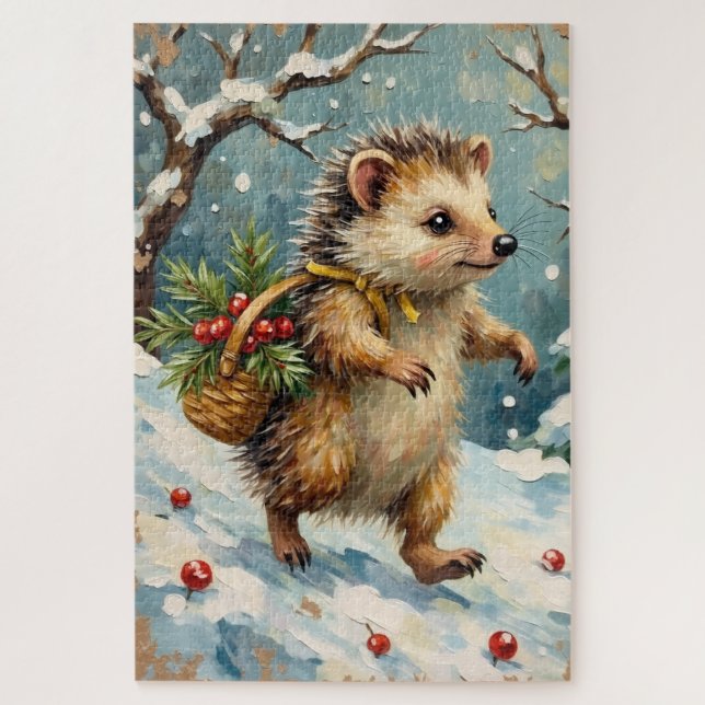 Vintage-Igel mit Weihnachtsbeerkorb Puzzle (Vertikal)