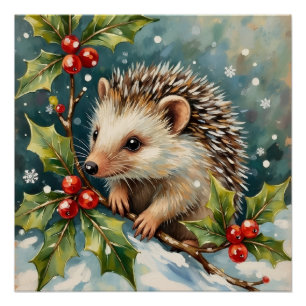 Vintage Igel unter Stechpalmen-Weihnachten Poster