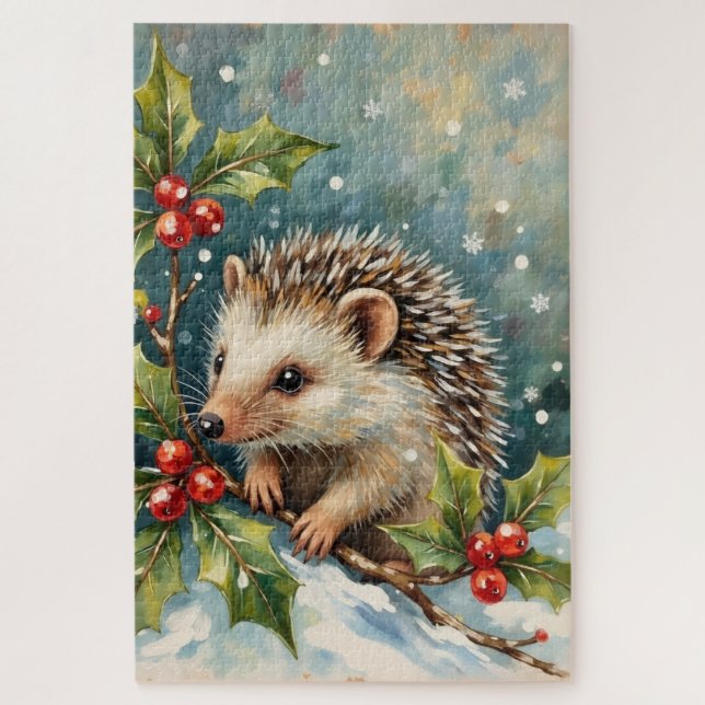 Vintage-Igel unter Weihnachts-Stechpalme Puzzle (Vertikal)