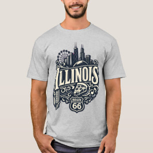 Vintage Illinois State, Chicago-Skyline & Route 66 T-Shirt