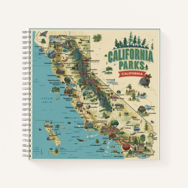 Vintage Illustrated California Parks Map Art Notizbuch (Vorderseite)