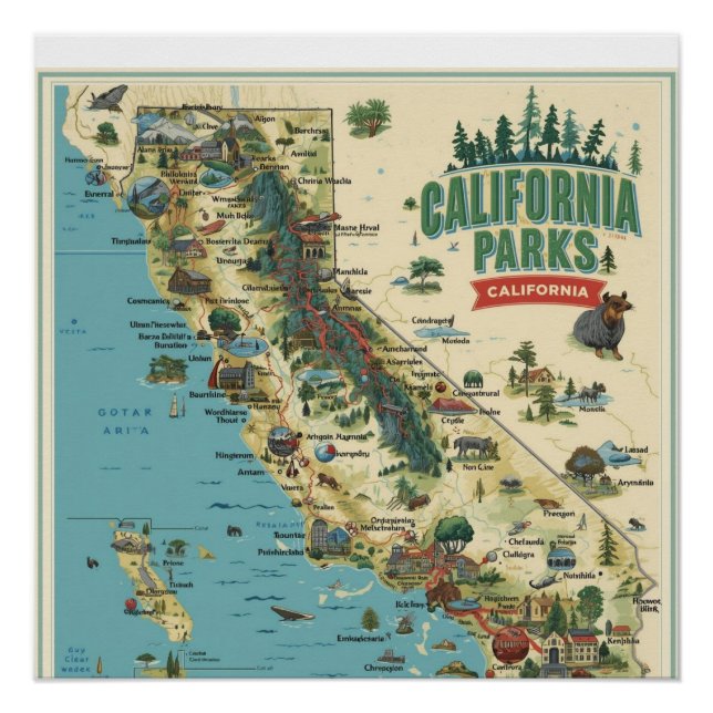 Vintage Illustrated California Parks Map Art Poster (Vorderseite)