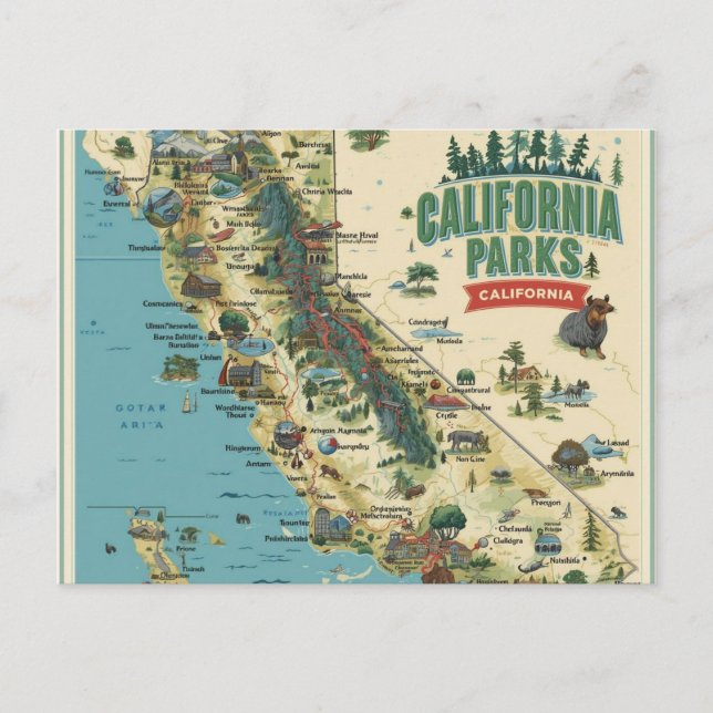 Vintage Illustrated California Parks Map Art Postkarte (Vorderseite)