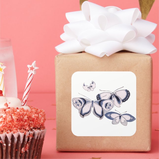 Vintage Illustration, blaue Schmetterlinge Quadratischer Aufkleber (Party)