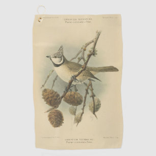 Vintage Illustration der europäischen Crested Tit Golfhandtuch