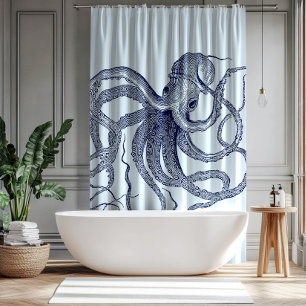 Vintage Illustration des Blauen Oktopus Duschvorhang