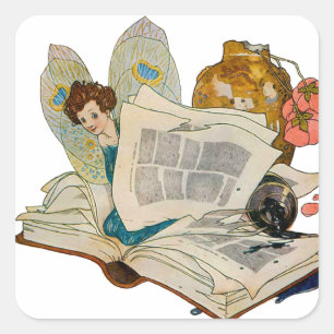 Vintage-Illustration einer Bücherwurmfee Quadratischer Aufkleber