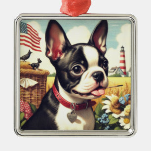 Vintage-Illustration eines Boston Terriers Ornament Aus Metall