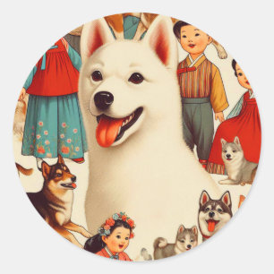 Vintage-Illustration eines koreanischen Jindo Runder Aufkleber