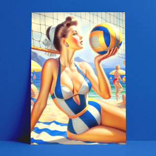 Vintage-Illustration eines Volleyballmädchens Postkarte