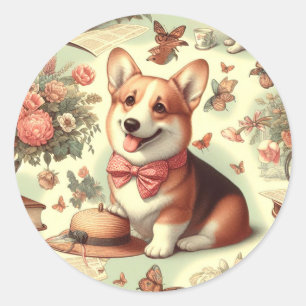 Vintage-Illustration eines walisischen Corgi Cardi Runder Aufkleber