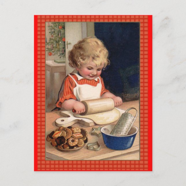 Vintage Illustration Girl Backen Weihnachtskekse Feiertagspostkarte (Vorderseite)