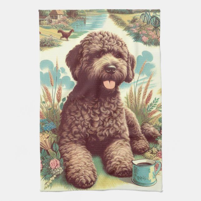 Vintage Illustration Lagotto Romagnolo Geschirrtuch (Vertikal)
