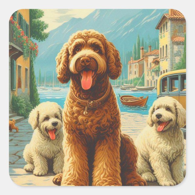 Vintage Illustration Lagotto Romagnolo Quadratischer Aufkleber (Vorderseite)