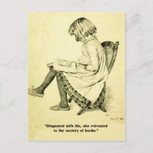 Vintage-Illustration Mädchen liest Buch lustige Bi Postkarte