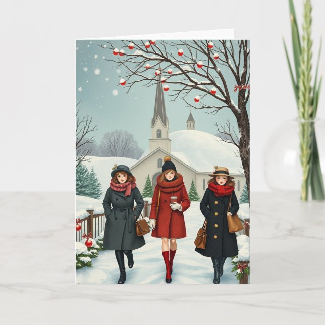 Vintage Illustration Menschen aus der Kirche Karte (Vorderseite)