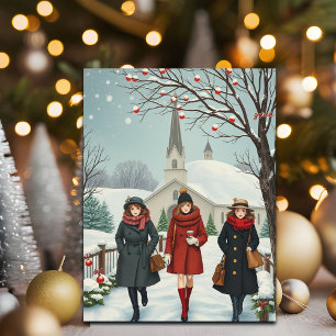 Vintage Illustration Menschen gehen zur Kirche Feiertagspostkarte