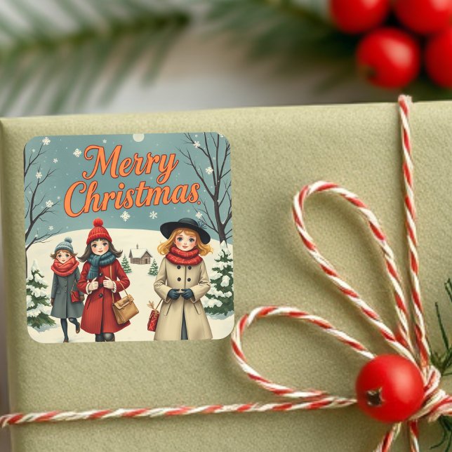 Vintage Illustration Menschen gehen zur Kirche Quadratischer Aufkleber (Von Creator hochgeladen)