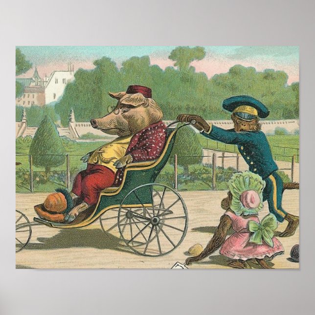 Vintage Illustration "Pig in einem Rollstuhl" Poster (Vorne)