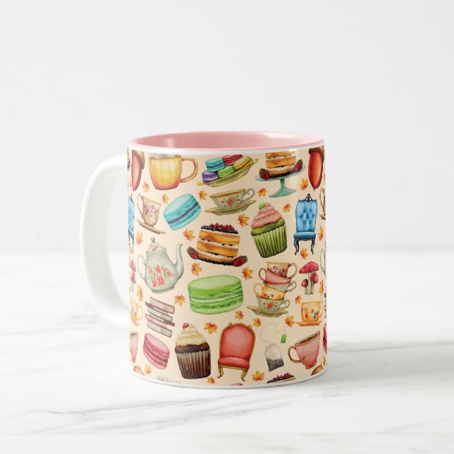 Vintage Illustration, Retro. cups, tea, cake Zweifarbige Tasse (Vorderseite Links)