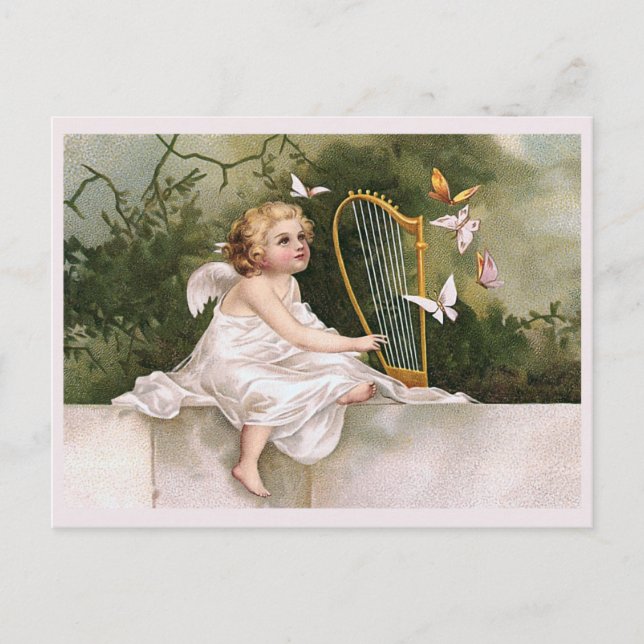 Vintage Illustration von Angel und Harfen Postkarte (Vorderseite)