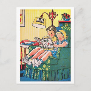 Vintage-Illustration von Kindern beim Lesen Postkarte