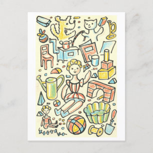 Vintage Illustration von Kinderspielzeug Postkarte
