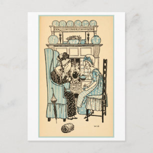 Vintage-Illustration von Mädchen bei einer Teepart Postkarte