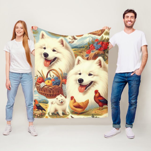 Vintage Illustration von Samoyed Dog Fleecedecke (Beispiel)
