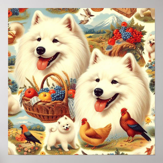 Vintage Illustration von Samoyed Dog Poster (Vorne)