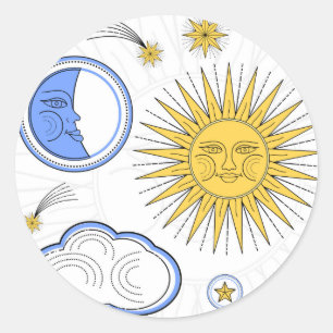 Vintage-Illustration von Sonne, Mond und Sternen Runder Aufkleber