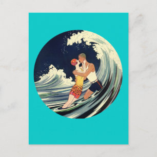Vintage-Illustration von Surfer-Liebhabern beim Kü Postkarte