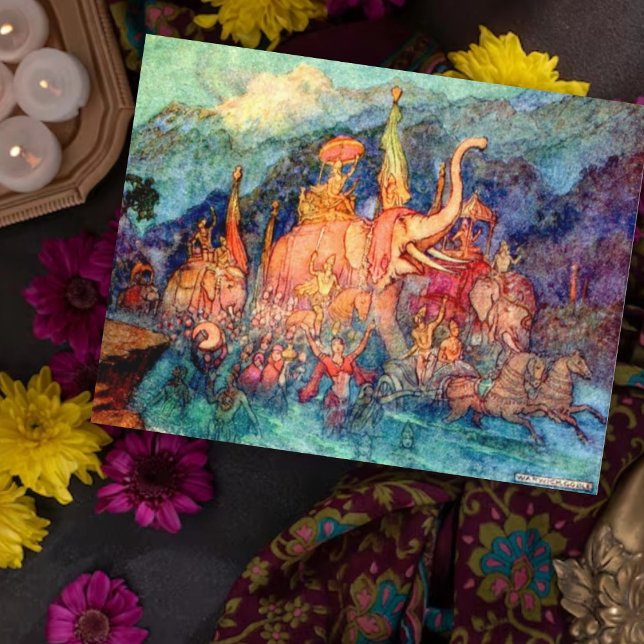 Vintage Illustration von Warwick Goble Held kehrt  Postkarte (Von Creator hochgeladen)