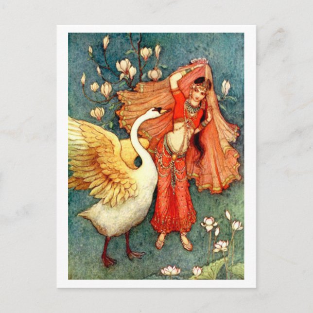 Vintage Illustration von Warwick Goble Swan Maiden Postkarte (Vorderseite)