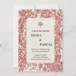 Vintage Illustration Weddin in Beige und Rot Einladung