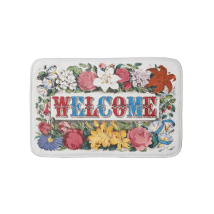 Vintage-Illustration WILLKOMMEN mit Blumen Badematte
