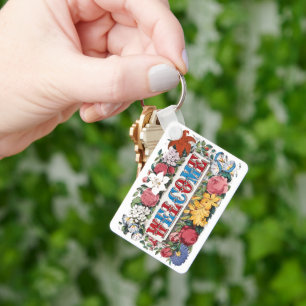 Vintage-Illustration WILLKOMMEN mit Blumen Schlüsselanhänger