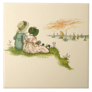Vintage-Illustration Zwei Mädchen Kate Greenaway   Fliese