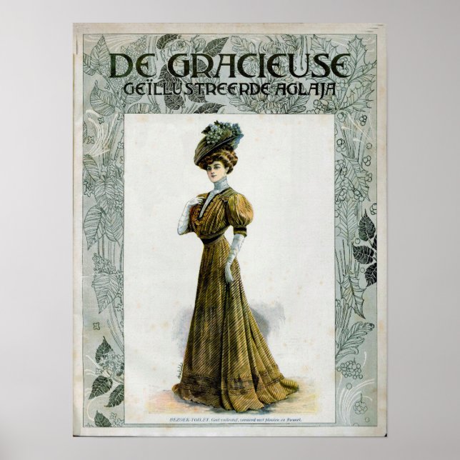 Vintage Illustrationsdame in Traubenhut Poster (Vorne)