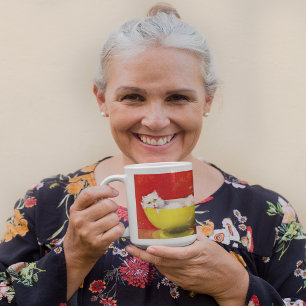 Vintage Illustrationskatze in Gelbschüssel Kaffeetasse